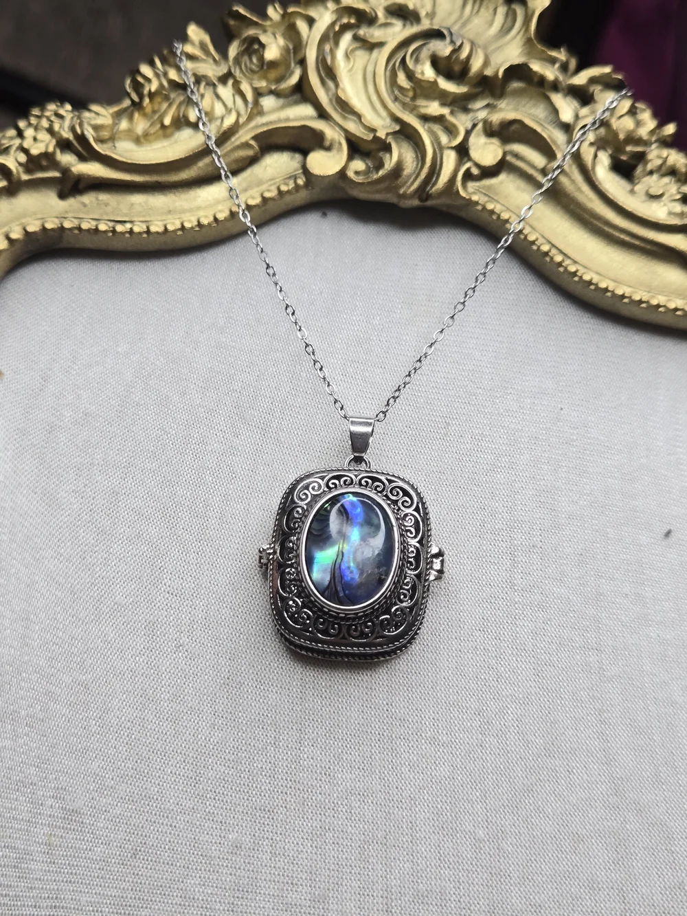 Sterling-Style Silver Locket Necklace with Iridescent Blue Stone